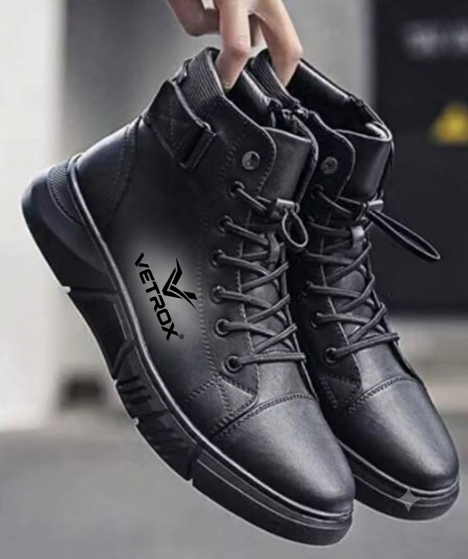 Men's Stylish High-Top Black Boots casual with Side Zipper